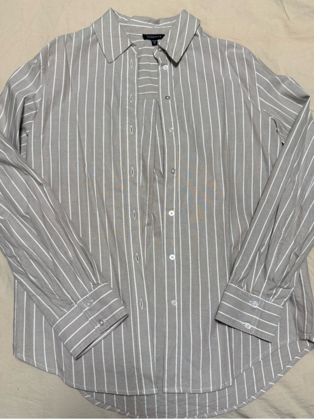 Dynamite Taupe Button-Up Shirt with White Pinstripes
